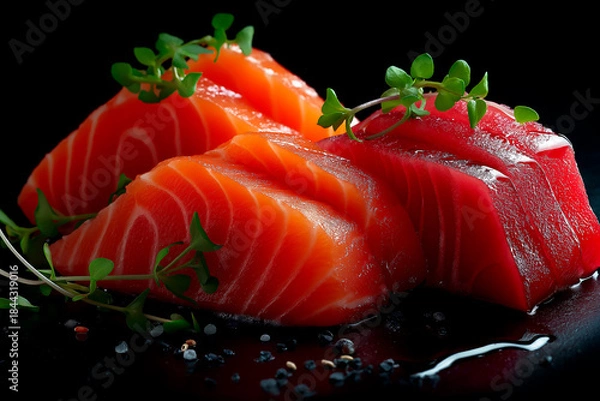 Fototapeta Close-up of sushi salmon fish, Japanese sushi collection. Sashimi sushi set with chopsticks and soy