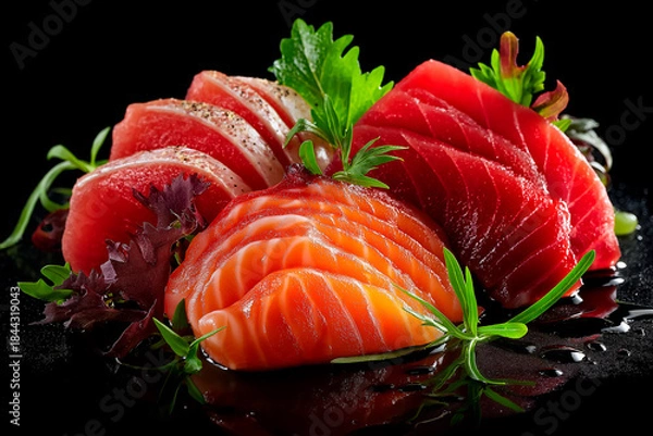 Fototapeta Close-up of sushi salmon fish, Japanese sushi collection. Sashimi sushi set with chopsticks and soy