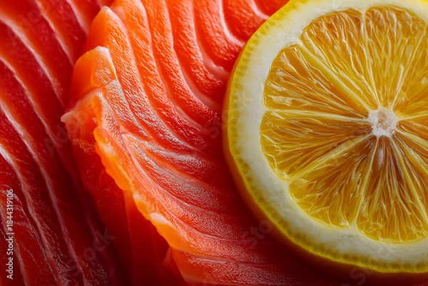 Fototapeta Close-up of sushi salmon fish, Japanese sushi collection. Sashimi sushi set with chopsticks and soy