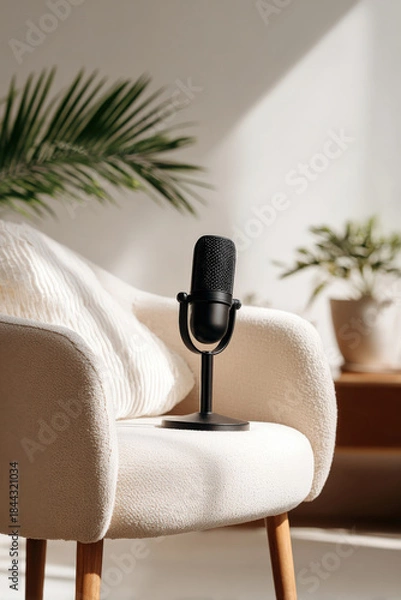 Fototapeta A soft cream-colored armchair stands beside a light wood table with a mounted black microphone