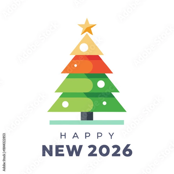 Obraz Minimalist Christmas tree icon, Happy New Year 2026 typography, white background, clean vector.