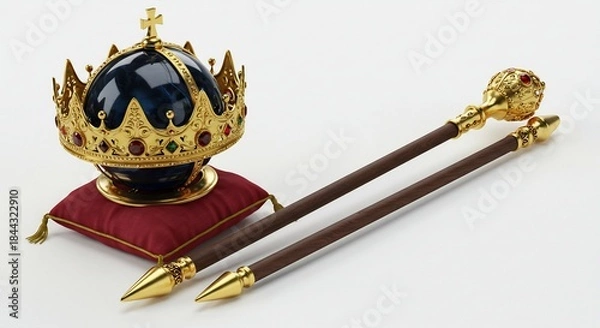 Obraz 明るくクリアな光の中でまばゆく輝く豪華な金色の王冠と笏 深い青のベルベットと赤いクッションがコントラストをなし王家の威厳と権力そして壮大な歴史を象徴する精巧なレガリア. AI Generated