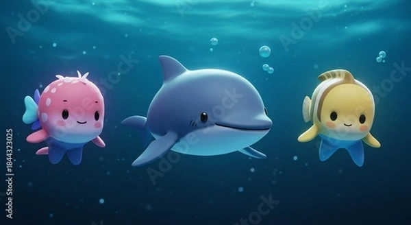 Obraz 水面に陽光が優しく降り注ぎキラキラと輝く澄んだ青い海中をコンピューターグラフィックスで描かれた可愛らしいイルカと小さな魚たちが楽しげに泳ぎ回る感動的な光景. AI Generated