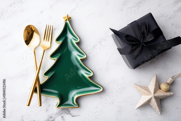 Fototapeta A festive holiday table setting featuring a ceramic Christmas tree plate with ribbon and pine sprig, surrounded by gifts