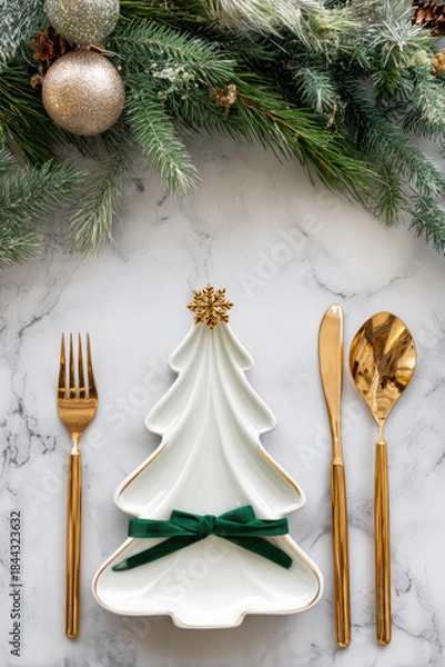 Fototapeta A festive holiday table setting featuring a ceramic Christmas tree plate with ribbon and pine sprig, surrounded by gifts