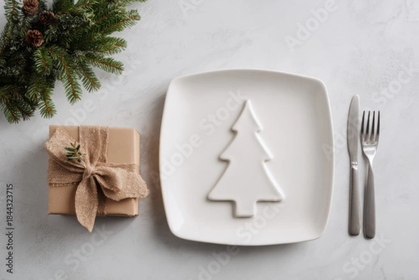 Fototapeta A festive holiday table setting featuring a ceramic Christmas tree plate with ribbon and pine sprig, surrounded by gifts