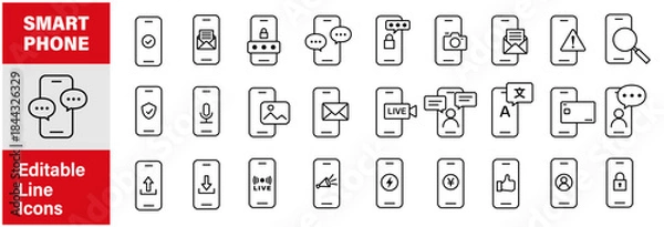 Obraz スマホ.スマートフォンとアプリの編集可能な線画イメージイラストアイコン3