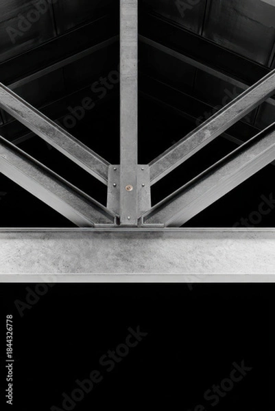 Fototapeta Interior metal structure with cross-shaped black steel beams and mesh panels illuminated by spotlights