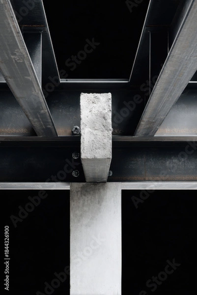 Fototapeta Interior metal structure with cross-shaped black steel beams and mesh panels illuminated by spotlights