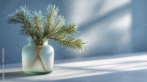 Fototapeta Frosted glass vase with evergreen stems, light diffusion, pristine minimalism, near-monochrome