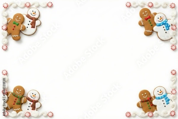 Obraz Christmas gingerbread man & snowman cookies frame isolated on white background with large copy space. Festive royal icing holiday border with peppermint swirls and cute characters peeking from corners