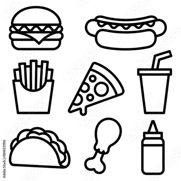 Fototapeta A line art fast food set illustration vector style coloring book
