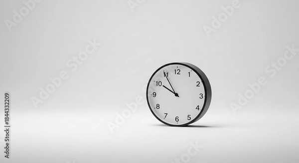 Obraz 静謐な純白の背景に優しく配置された黒い縁取りの白い壁掛け時計が時を刻む 均一で柔らかな光が奥行きを与えシンプルながら洗練された時間の流れを静かに描写. AI Generated