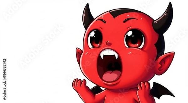Obraz 牙を見せ口を大きく開け驚く可愛い赤いデフォルメ小悪魔イラスト白い背景に鮮やかに映える躍動感. AI Generated