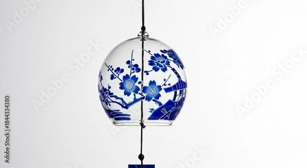 Obraz 日本の夏の風物詩である美しいガラス風鈴 柔らかな光が青い花模様を照らし優雅で涼やかな雰囲気を醸し出す. AI Generated