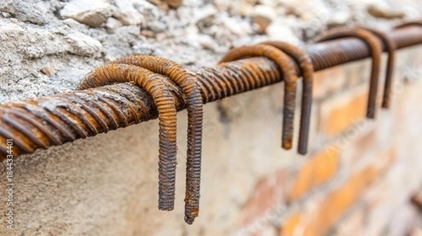 Fototapeta Rusty steel rebar protruding from concrete damage closeup