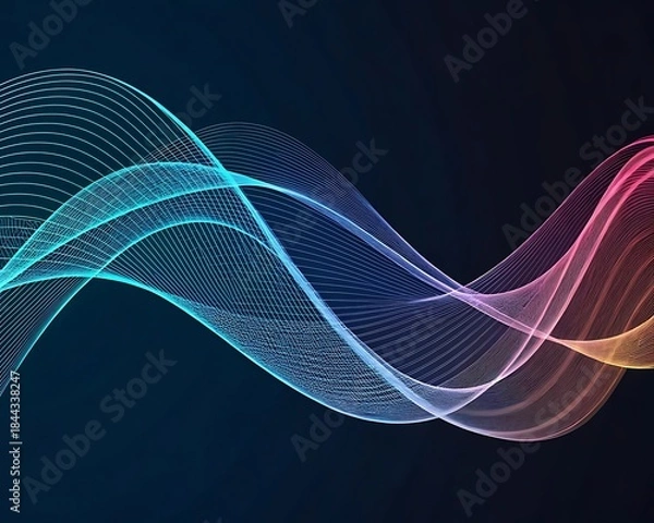 Fototapeta Abstract flowing digital wave of colorful particles creating a dynamic sound or data visualization on a dark background