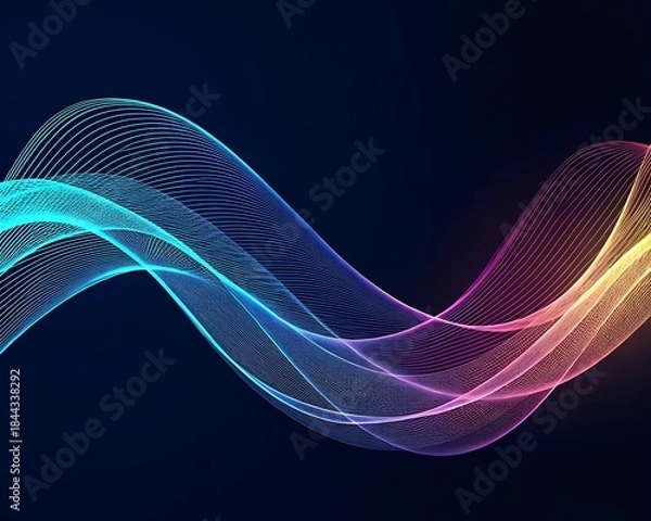 Fototapeta Abstract glowing digital sound wave or data stream in vibrant neon colors on a dark blue background, representing technology and music flow