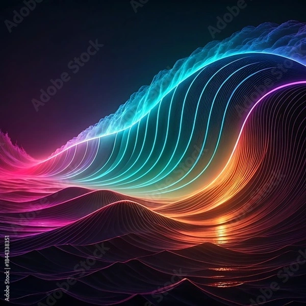 Fototapeta Abstract neon wave flowing in dark space with vibrant glowing lines of cyan, magenta, and orange light