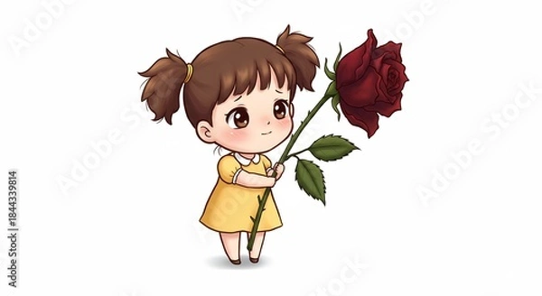 Obraz 小さなちびの女の子が愛らしく微笑み鮮やかな赤いバラを両手で丁寧に差し出す心温まるイラストレーションシンプルな背景. AI Generated