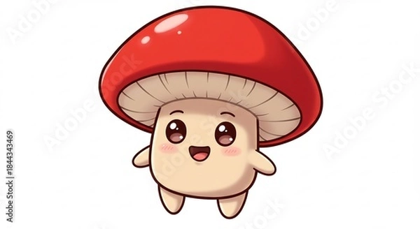 Obraz ポップで明るい雰囲気 鮮やかな赤い傘と大きな瞳が特徴的な可愛いきのこキャラクター 楽しそうな笑顔で白い背景に立つベクターイラスト. AI Generated