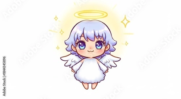 Obraz 澄んだ青い瞳と柔らかな白い髪を持つ愛らしいちび天使がふんわりと広がる羽根と頭上の温かい光の輪で希望と癒しを届ける純粋で心温まるイラストレーション. AI Generated