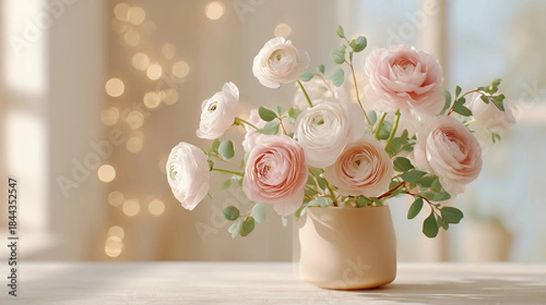 Obraz テーブルに飾られた上品なラナンキュラスの花と柔らかな空気感