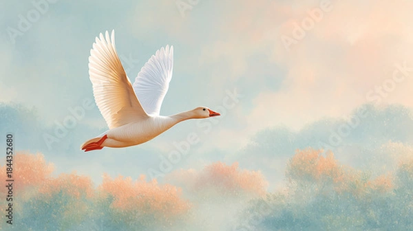 Obraz 自然の中を自由に飛ぶガチョウの癒し系イラスト