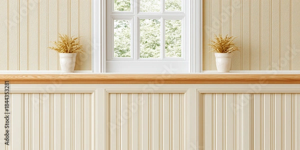 Obraz 木製棚に観葉植物と窓があるミニマルなインテリア