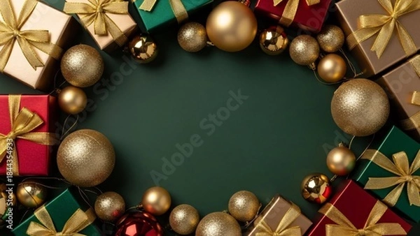 Obraz Green Christmas background with luxury gift boxes and gold ornaments border, elegant holiday frame with copy space

