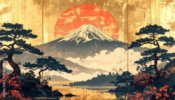 Obraz 縁起の良い富士山と日の出の和風イラスト 金背景