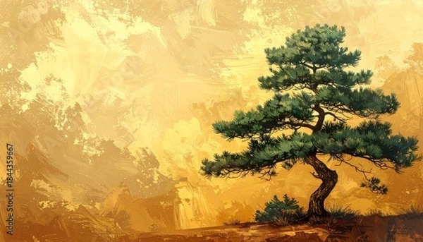 Obraz 日本画風の松を描いた金色背景のお正月イラスト