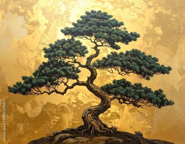 Obraz 金色背景の日本画風 松のイラスト お正月素材