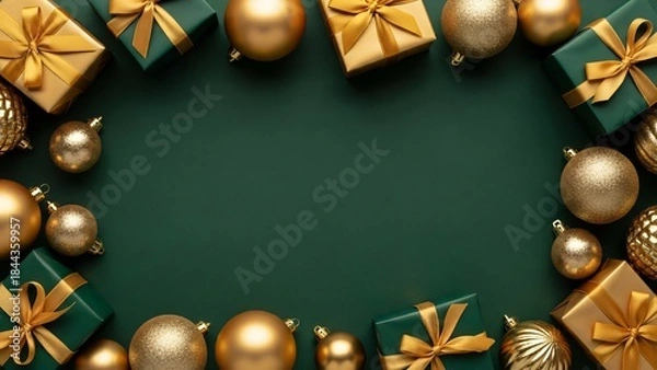 Obraz Green Christmas background with luxury gift boxes and gold ornaments border, elegant holiday frame with copy space

