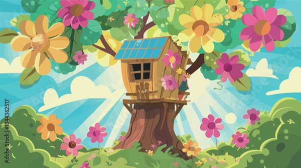 Obraz Sustainable wooden pod treehouse surrounded by solar flowers, showcasing eco-friendly architecture, renewable energy, green living and futuristic nature-inspired design in detailed illustration