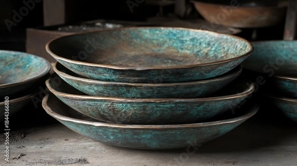 Obraz Stacked Oxidized Bronze Plates Showing Deep Green Verdigris