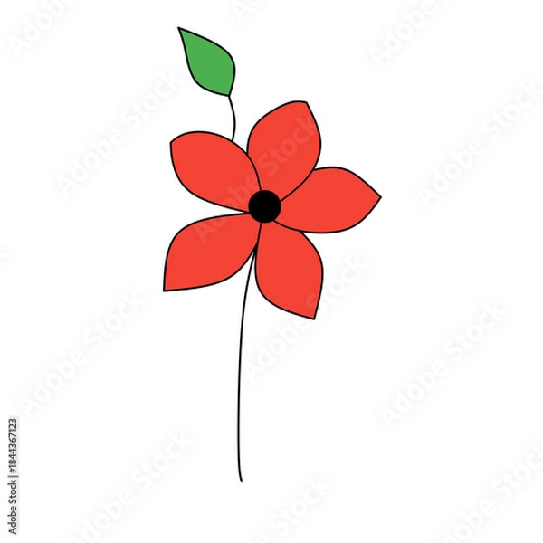 Obraz Single red flower with green leaf