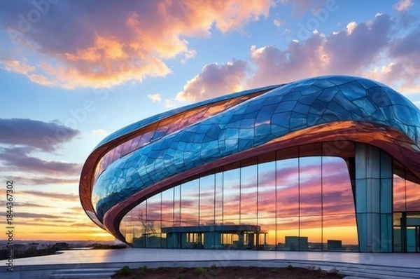 Fototapeta Modern building design under colorful sky at sunset with glass exterior and clouds in the background