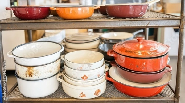 Obraz Various Chipped Enamel Cookware Displayed on Shelves