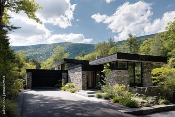 Fototapeta This contemporary house is nestled in a serene natural landscape, offering stunning views of the mountains, all while being enveloped by lush trees beneath a dramatic cloudy sky