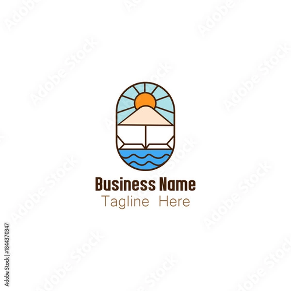 Obraz Minimalist Beach Vacation Logo with Sun and Umbrella