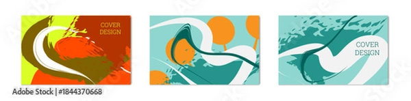 Fototapeta Paint strokes and geometric elements. Set of 3 multi-colored backgrounds. 