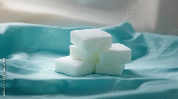 Obraz White gauze squares stacked on blue textile background