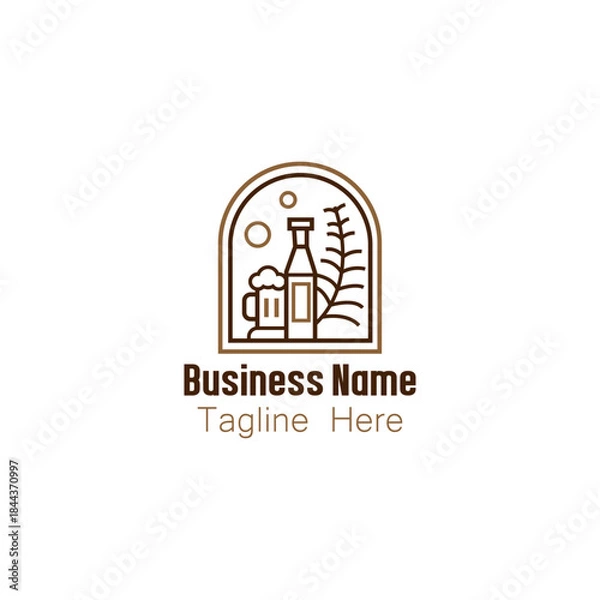 Obraz Brewery Logo with Beer Bottle, Mug, and Botanical Elements