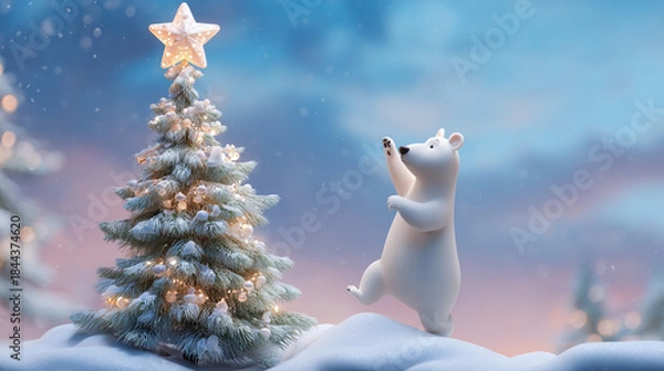 Fototapeta Dancing polar bear cub and snowy Christmas tree with star