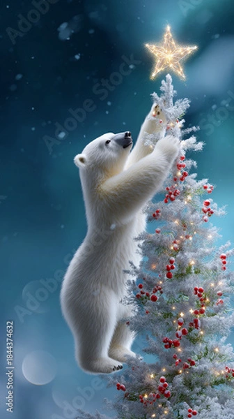 Fototapeta Polar bear placing glowing star on a snowy Christmas tree