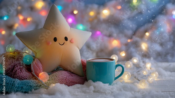 Fototapeta Smiling star pillow and hot cocoa in a cozy winter scene