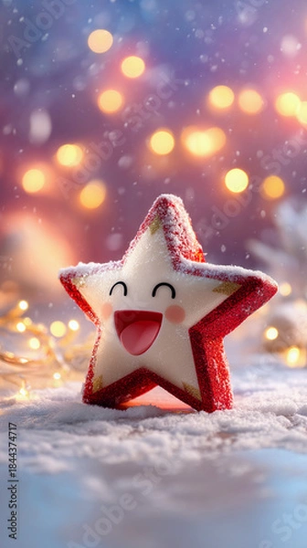 Fototapeta Cute smiling Christmas star ornament in snow with bokeh lights