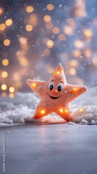 Fototapeta Cute Christmas star character glowing in snow with bokeh background