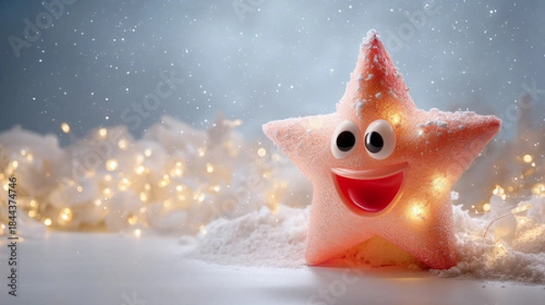 Fototapeta Smiling star character glowing in festive snow with lights